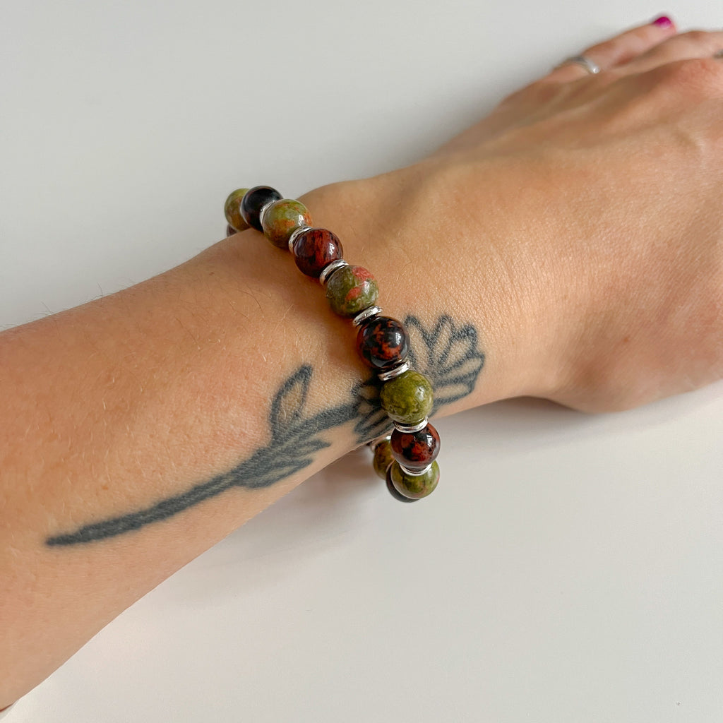 Handmade Unakite & Golden Swan Stone Crystal Bracelet