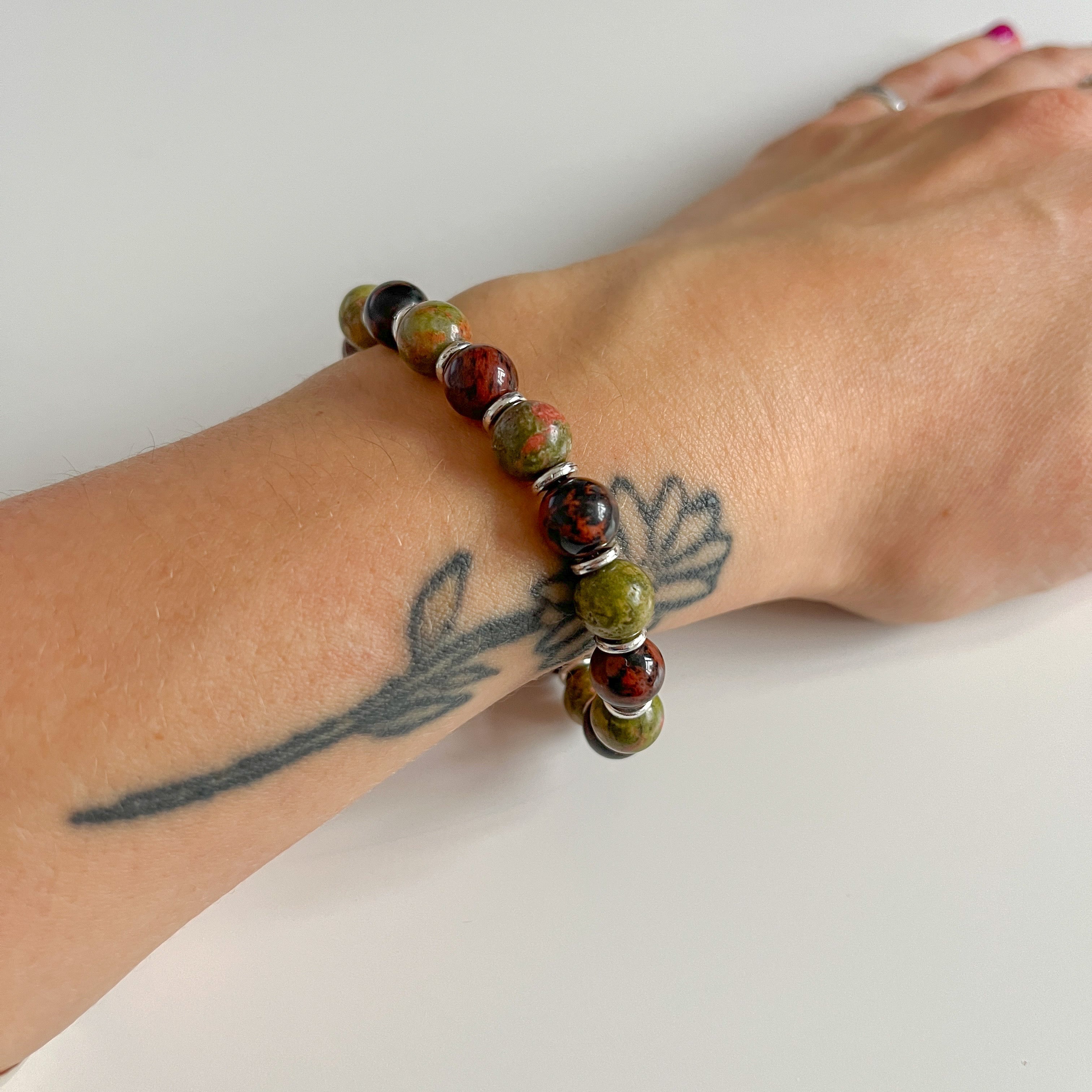 Handmade Unakite & Golden Swan Stone Crystal Bracelet
